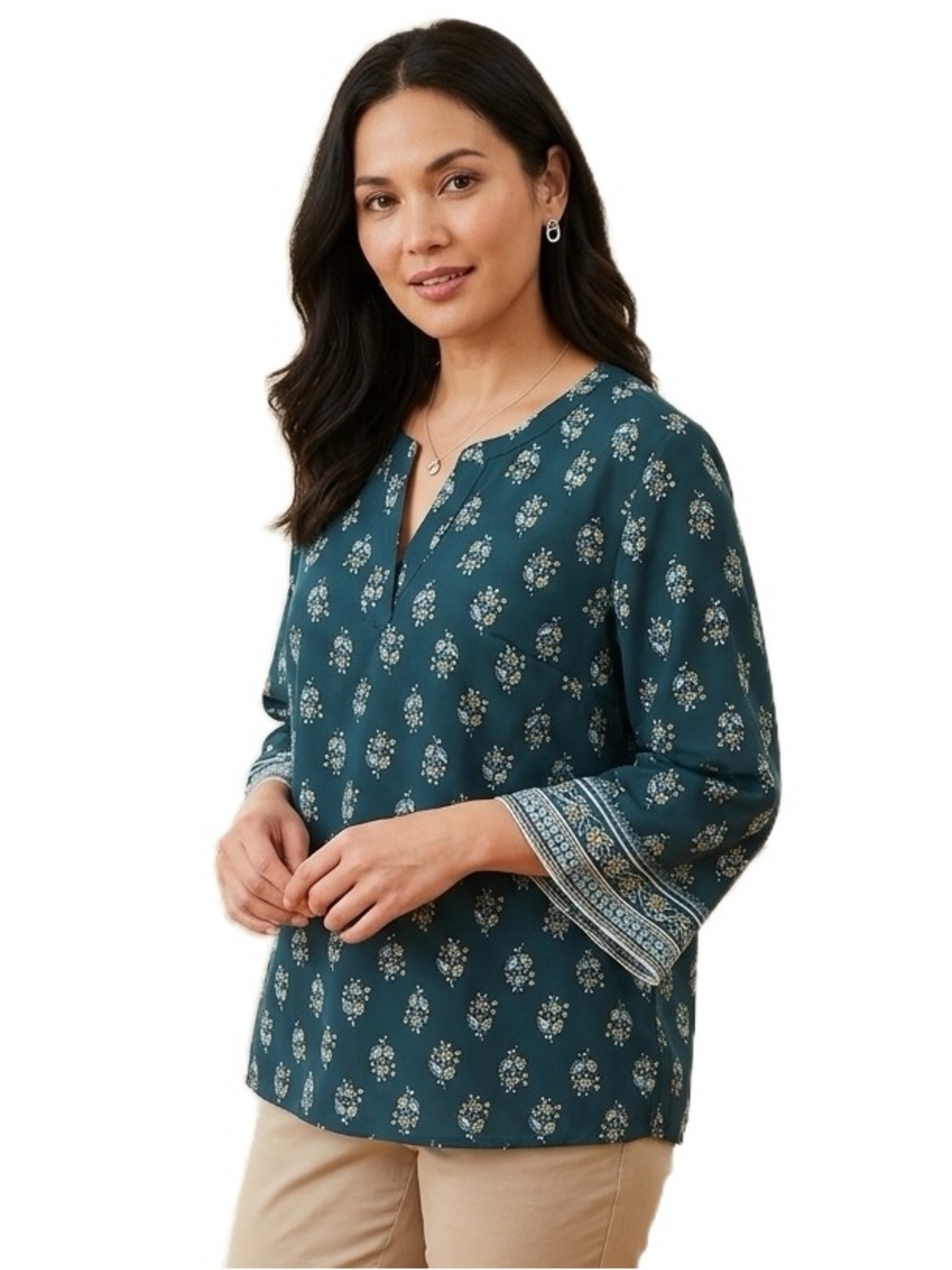 J. Jill Dark Green Floral 3/4 Sleeve Tunic Top